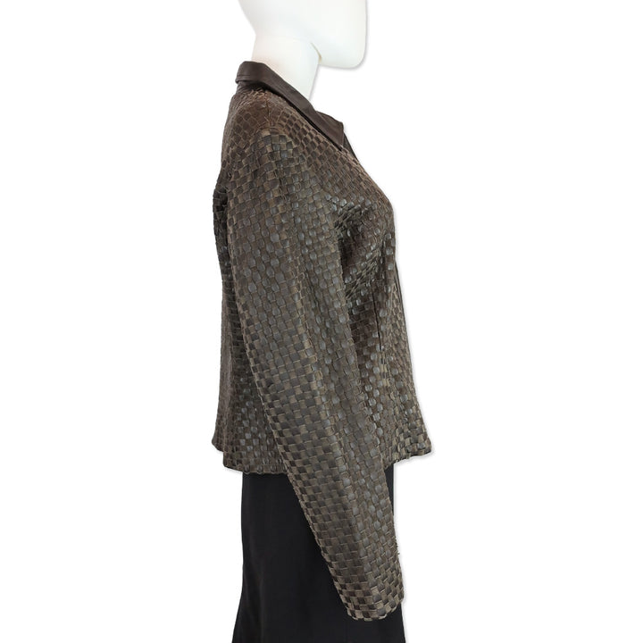 St. John Brown Woven Suede/Leather Zip-Up Jacket