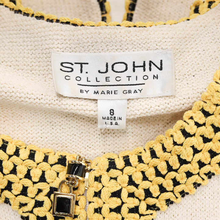 St. John Collection Cream Knit Yellow/Black Embroidered Trim Zip-Up Cardigan