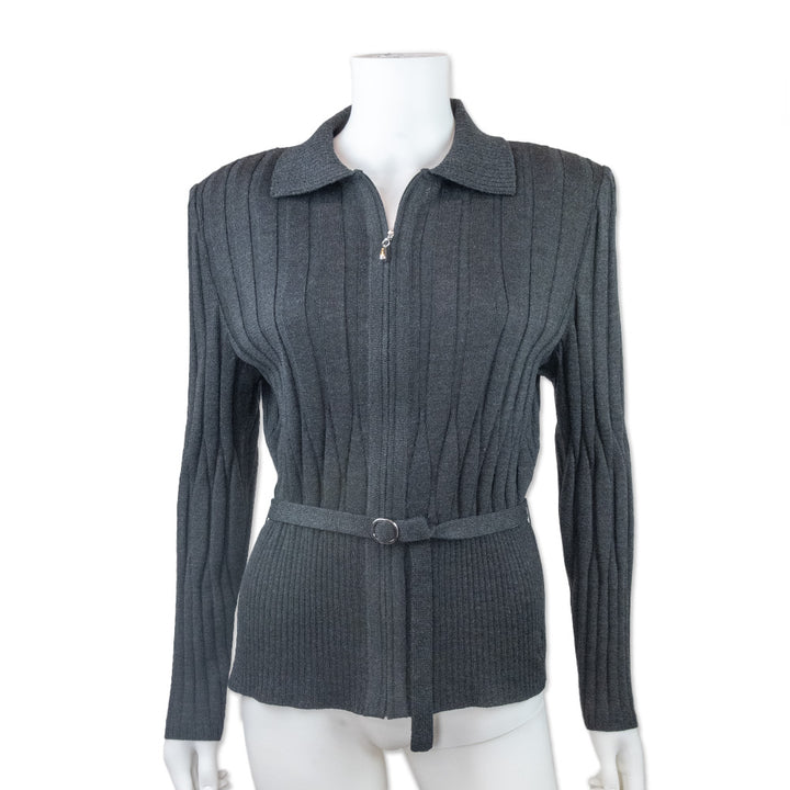 St. John Collection Gray Collared Ribbed Knit Zip Up Jacket