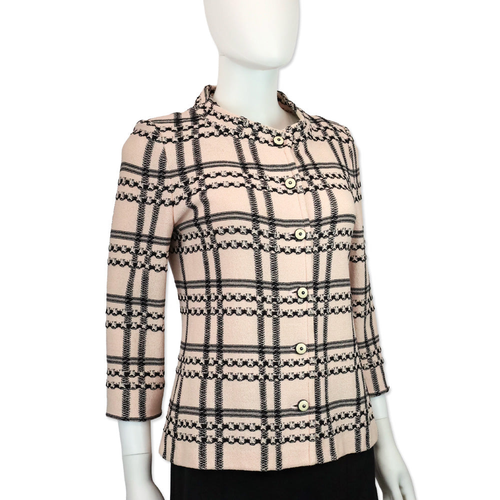 St. John Collection Pink/Black Plaid Knit Button Up Jacket