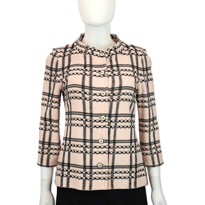 St. John Collection Pink/Black Plaid Knit Button Up Jacket