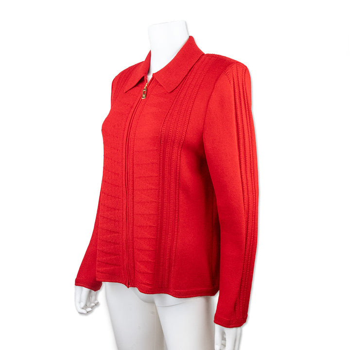 St. John Collection Red Collared Knit Zip Up Jacket