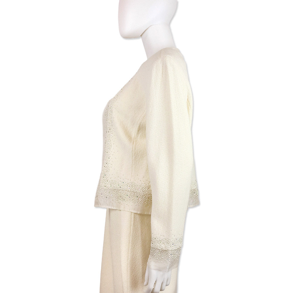 St. John Cream Knit Faux Pearl and Crystal Chiffon Trim Jacket