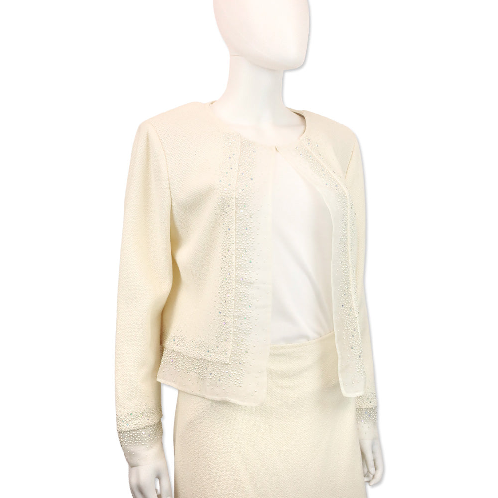 St. John Cream Knit Faux Pearl and Crystal Chiffon Trim Jacket