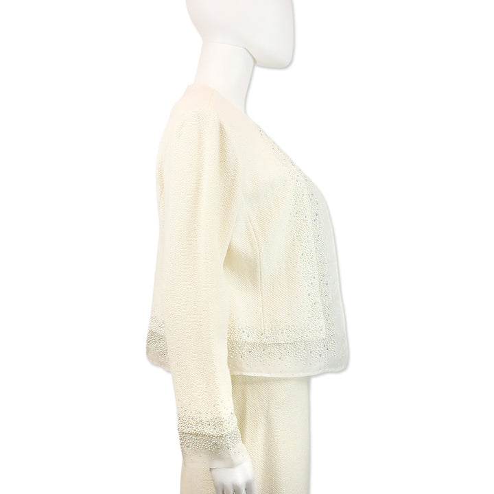 St. John Cream Knit Faux Pearl and Crystal Chiffon Trim Jacket
