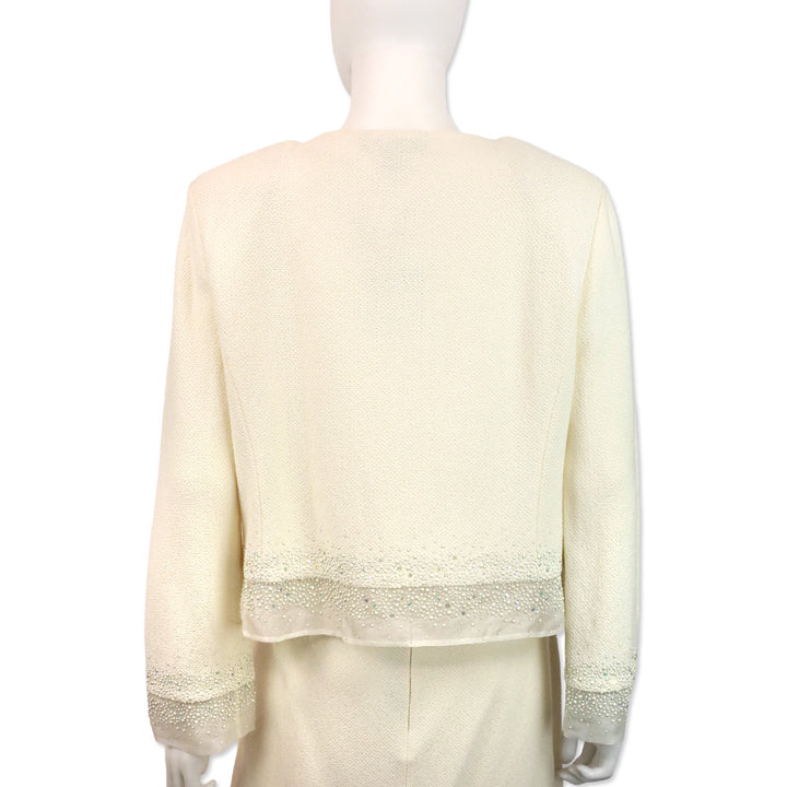 St. John Cream Knit Faux Pearl and Crystal Chiffon Trim Jacket