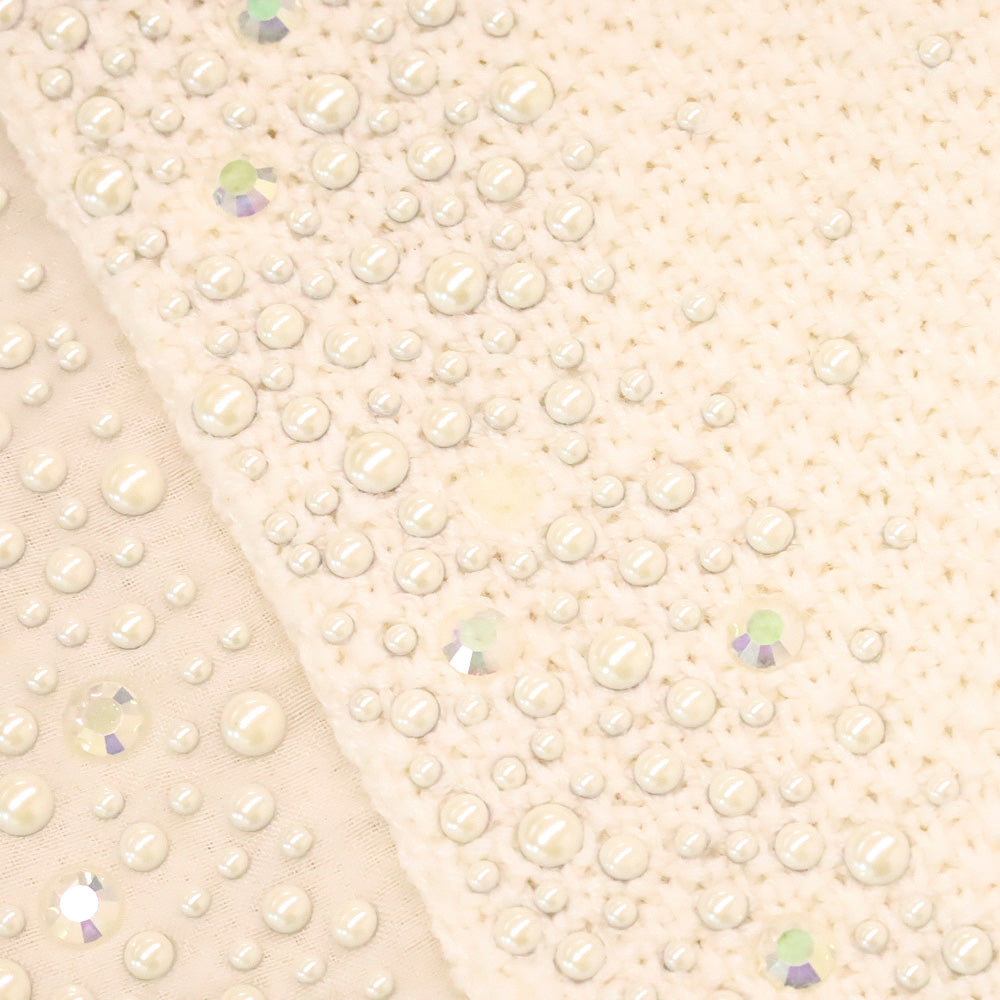 St. John Cream Knit Faux Pearl and Crystal Chiffon Trim Jacket