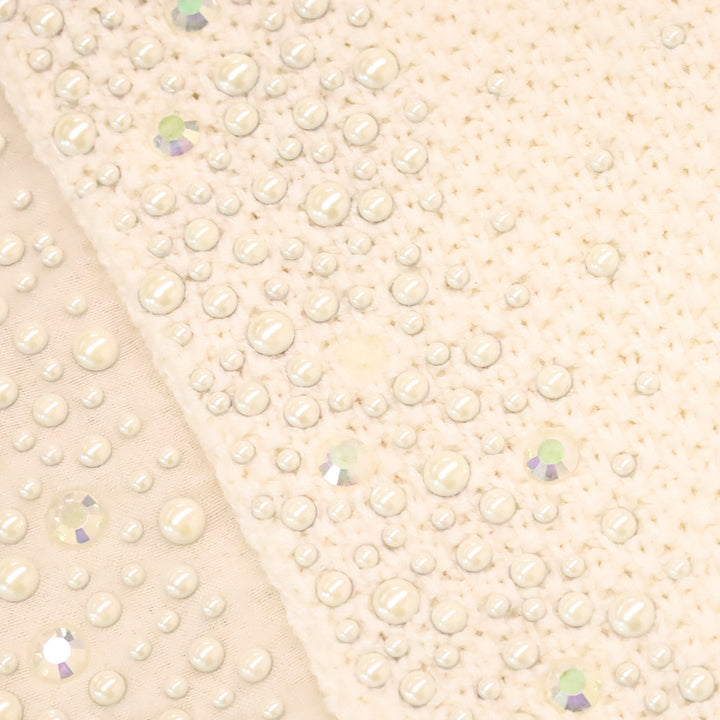 St. John Cream Knit Faux Pearl and Crystal Chiffon Trim Jacket