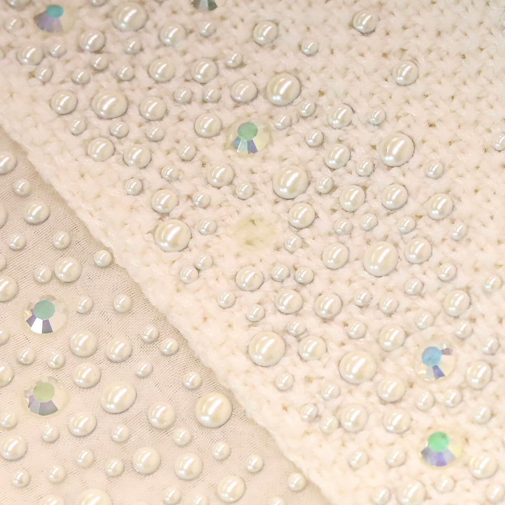 St. John Cream Knit Faux Pearl and Crystal Chiffon Trim Jacket