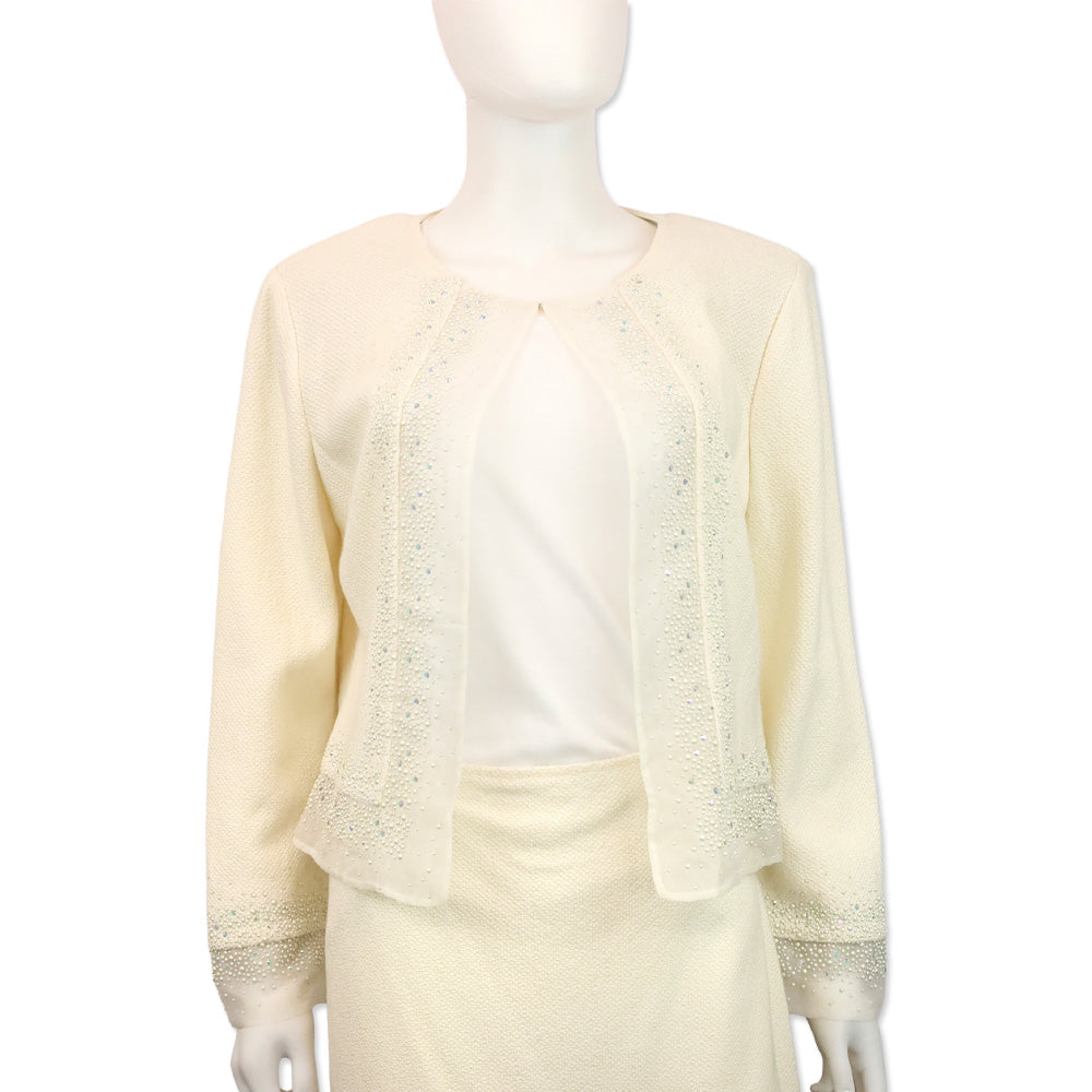 St. John Cream Knit Faux Pearl and Crystal Chiffon Trim Jacket