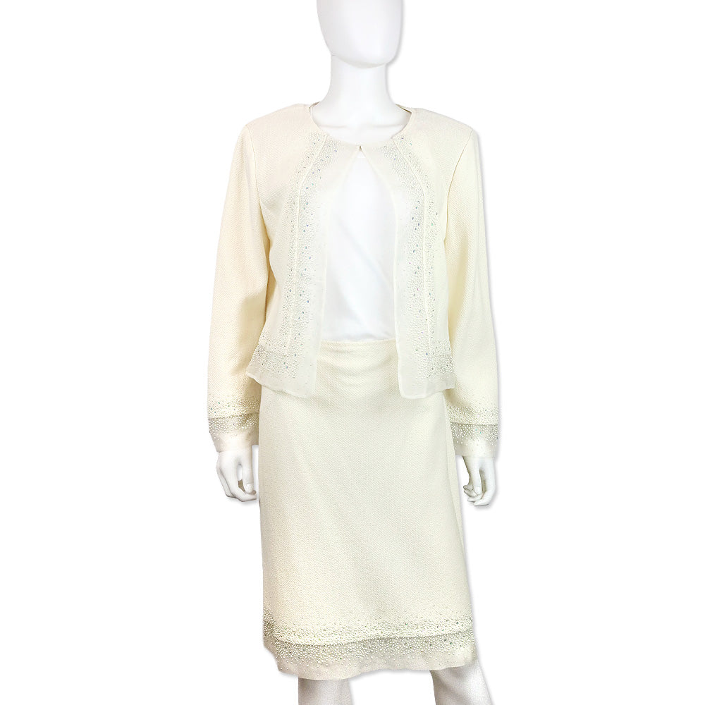St. John Cream Knit Faux Pearl and Crystal Chiffon Trim Jacket