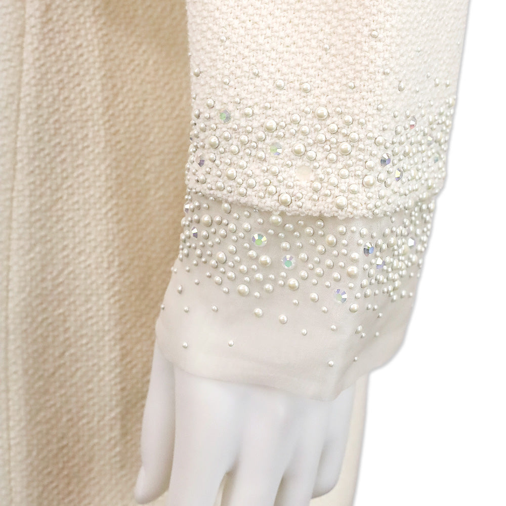 St. John Cream Knit Faux Pearl and Crystal Chiffon Trim Jacket