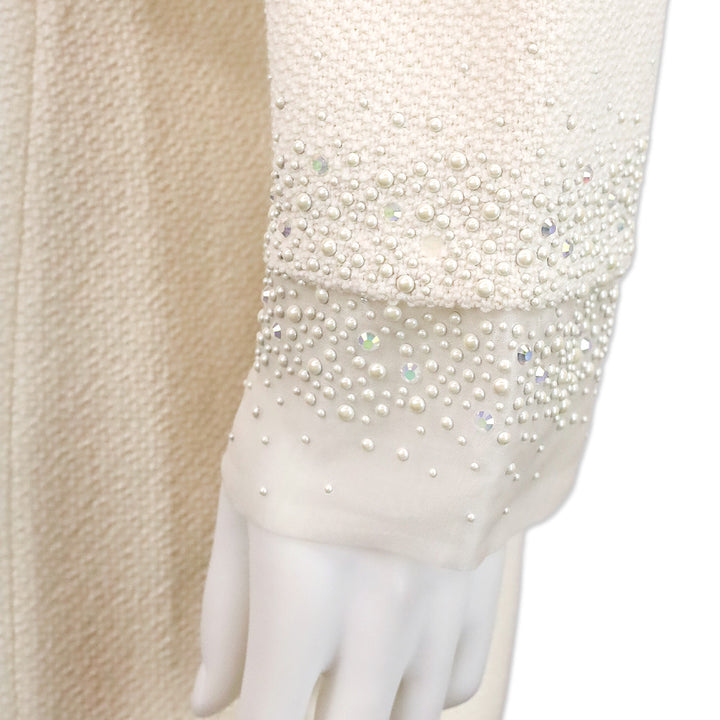 St. John Cream Knit Faux Pearl and Crystal Chiffon Trim Jacket