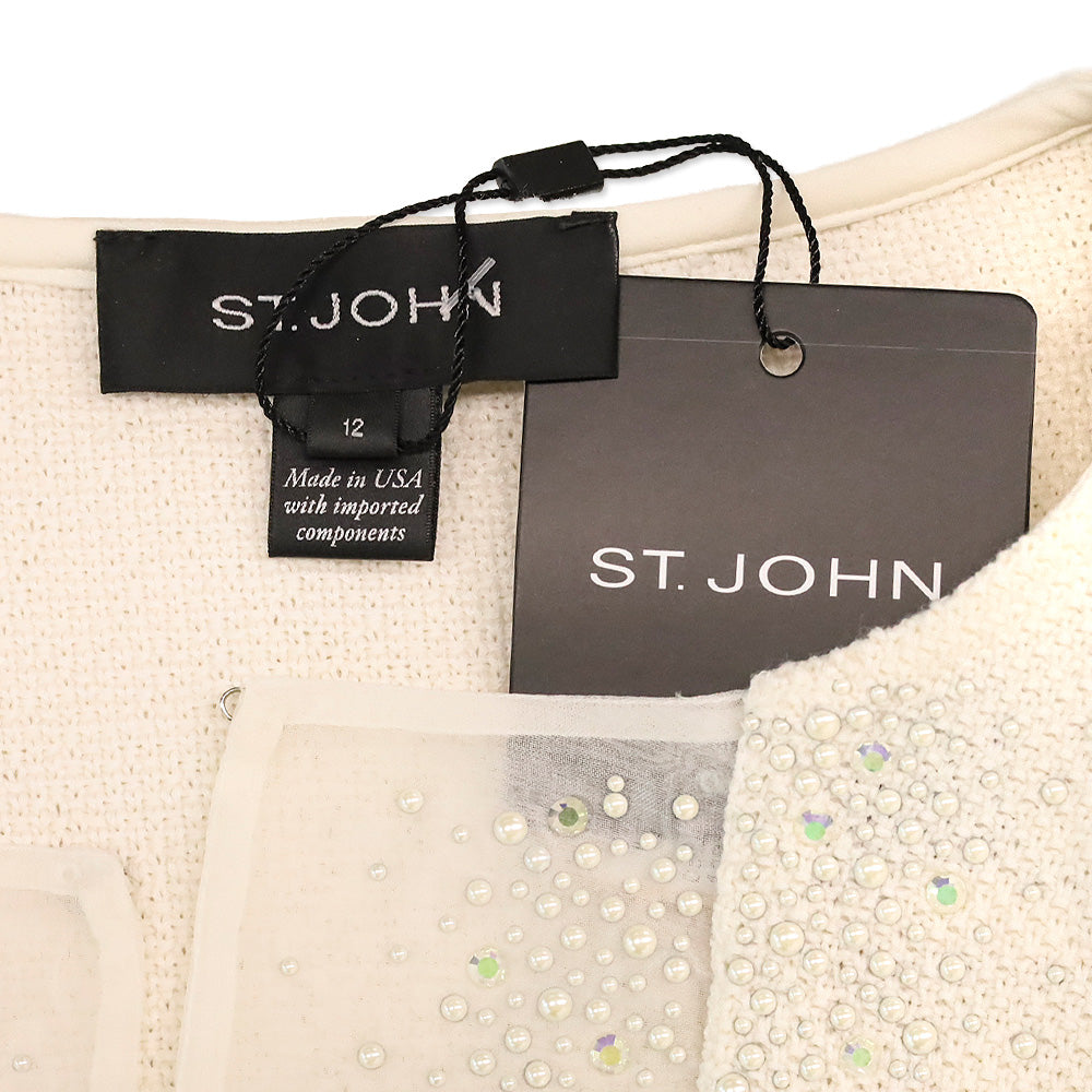 St. John Cream Knit Faux Pearl and Crystal Chiffon Trim Jacket