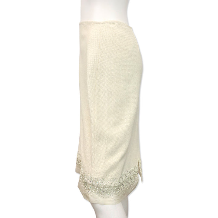 St. John Cream Knit Faux Pearl and Crystal Chiffon Trim Midi Skirt