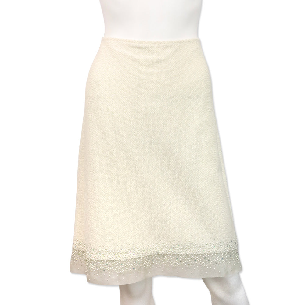 St. John Cream Knit Faux Pearl and Crystal Chiffon Trim Midi Skirt