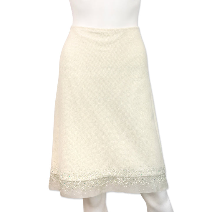 St. John Cream Knit Faux Pearl and Crystal Chiffon Trim Midi Skirt