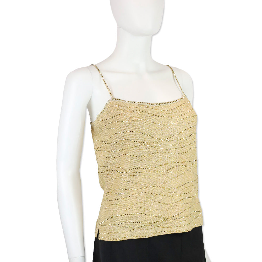 St. John Evening Camel/Gold Knit Rhinestone Detail Sleeveless Top