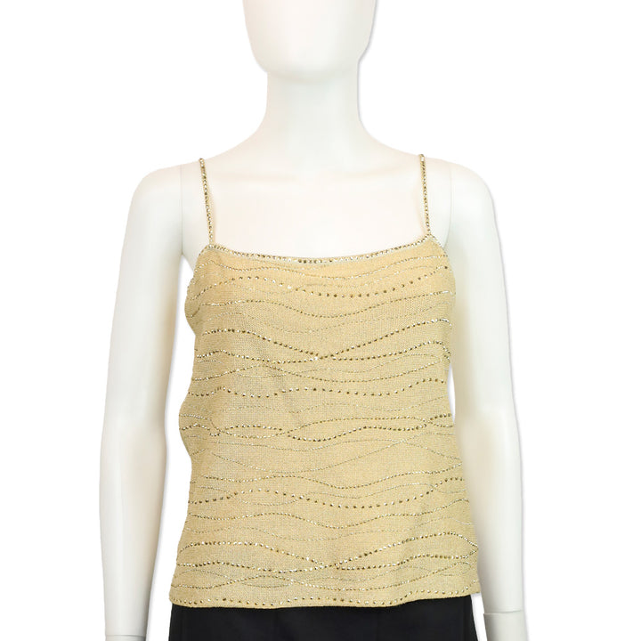 St. John Evening Camel/Gold Knit Rhinestone Detail Sleeveless Top
