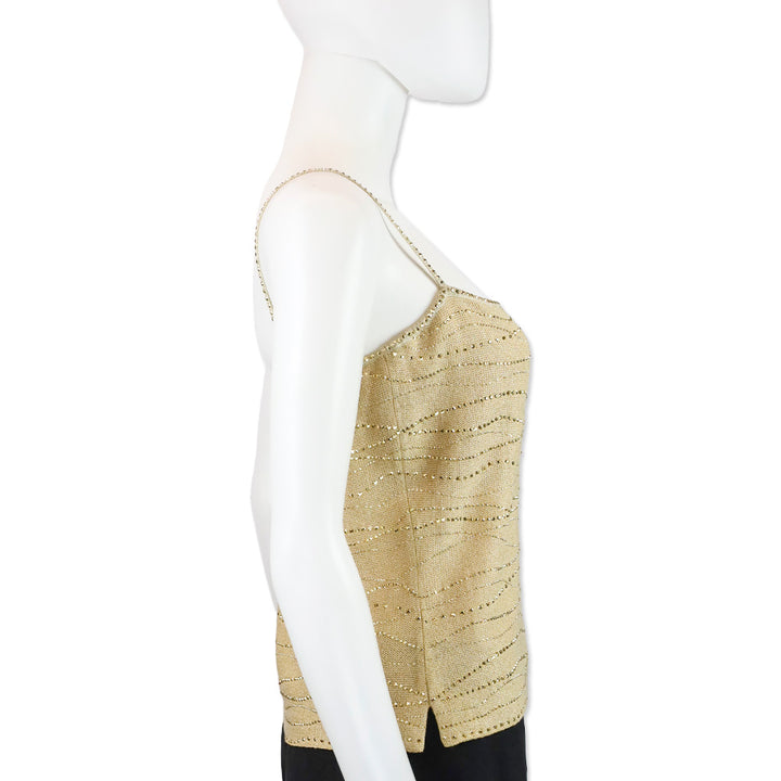 St. John Evening Camel/Gold Knit Rhinestone Detail Sleeveless Top