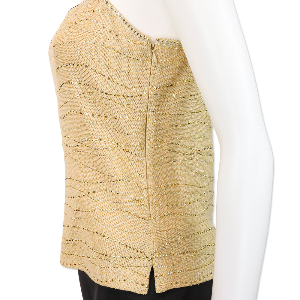 St. John Evening Camel/Gold Knit Rhinestone Detail Sleeveless Top