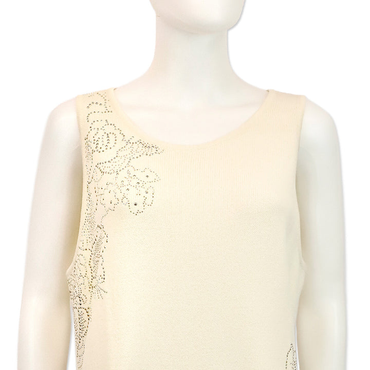 St. John Evening White/Gold Crystal Knit Sleeveless Midi Dress