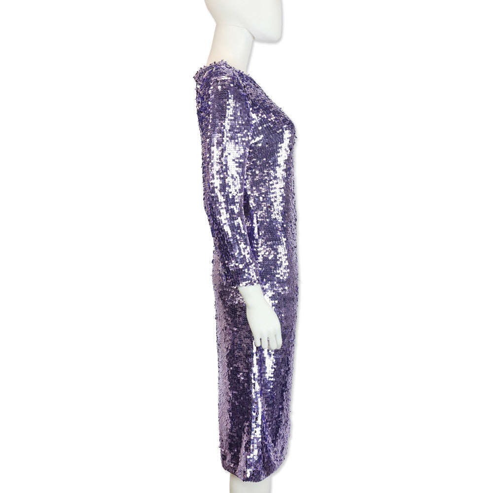 St. John Lilac Purple Sequin 3/4 Sleeve Midi Dress
