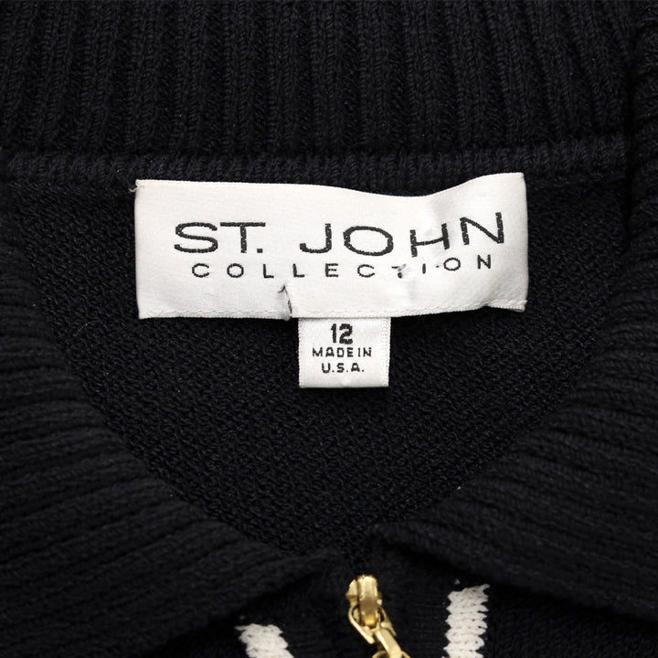 St. John Navy Blue Popcorn Sleeve Zip-Up Knit Cardigan