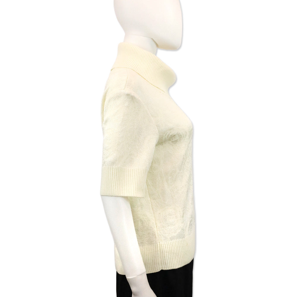 St. John Sport Cream Floral Knit Short Sleeve Cowl Neck Sweater