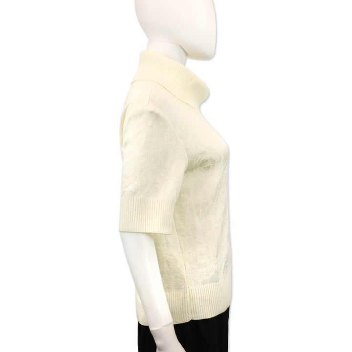 St. John Sport Cream Floral Knit Short Sleeve Cowl Neck Sweater