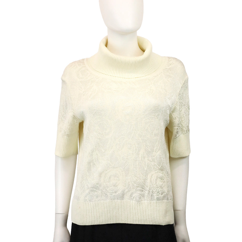 St. John Sport Cream Floral Knit Short Sleeve Cowl Neck Sweater