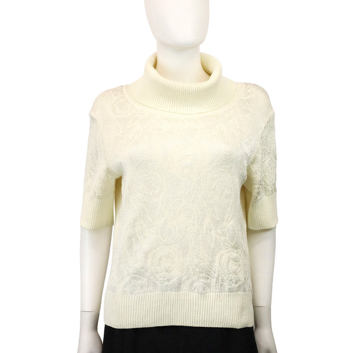 St. John Sport Cream Floral Knit Short Sleeve Cowl Neck Sweater