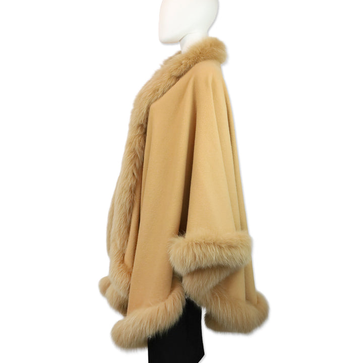 St. John Tan Wool/Cashmere Fox Fur Trim Shawl