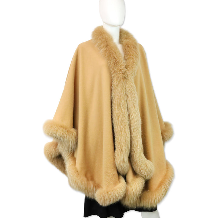 St. John Tan Wool/Cashmere Fox Fur Trim Shawl