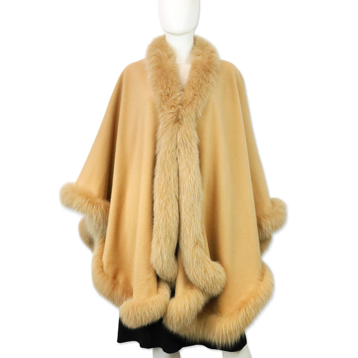 St. John Tan Wool/Cashmere Fox Fur Trim Shawl