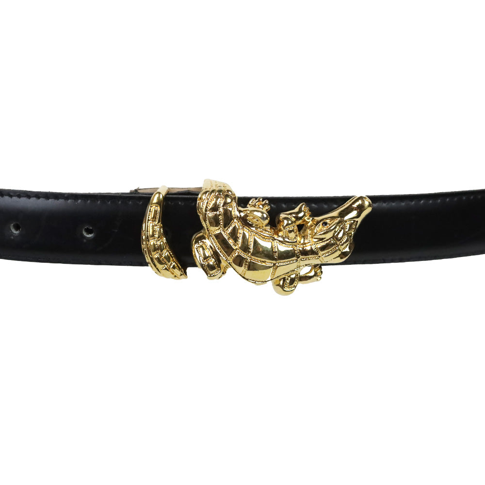 St. John Thin Black Leather Croc Belt with Gold Croc Buckle