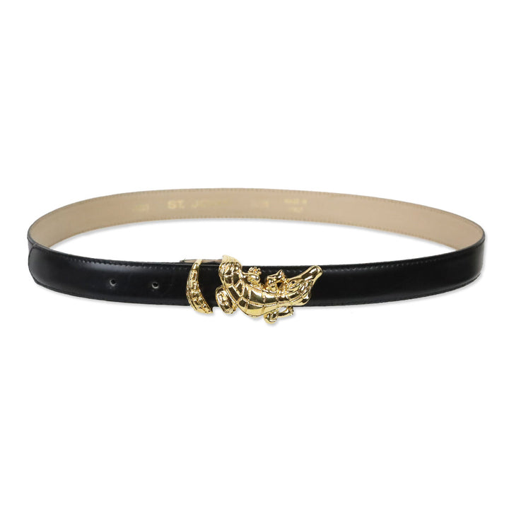 St. John Thin Black Leather Croc Belt with Gold Croc Buckle