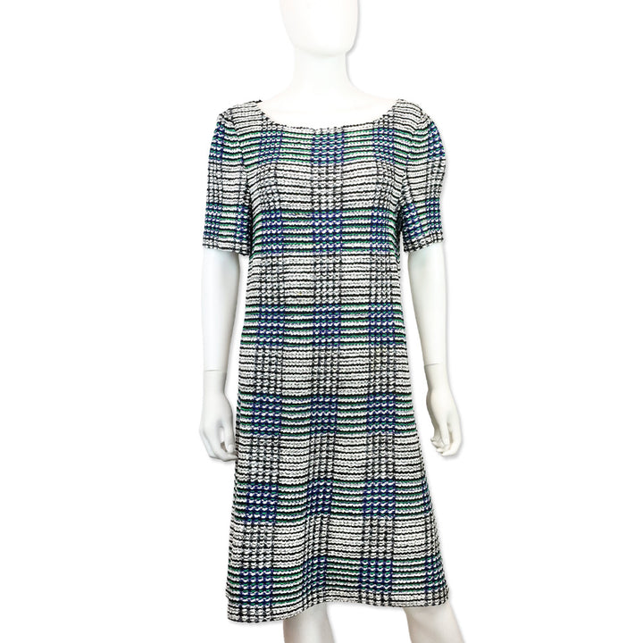 St. John Vivid Blue/Grass Green Multi Stripped Sheath Midi Dress