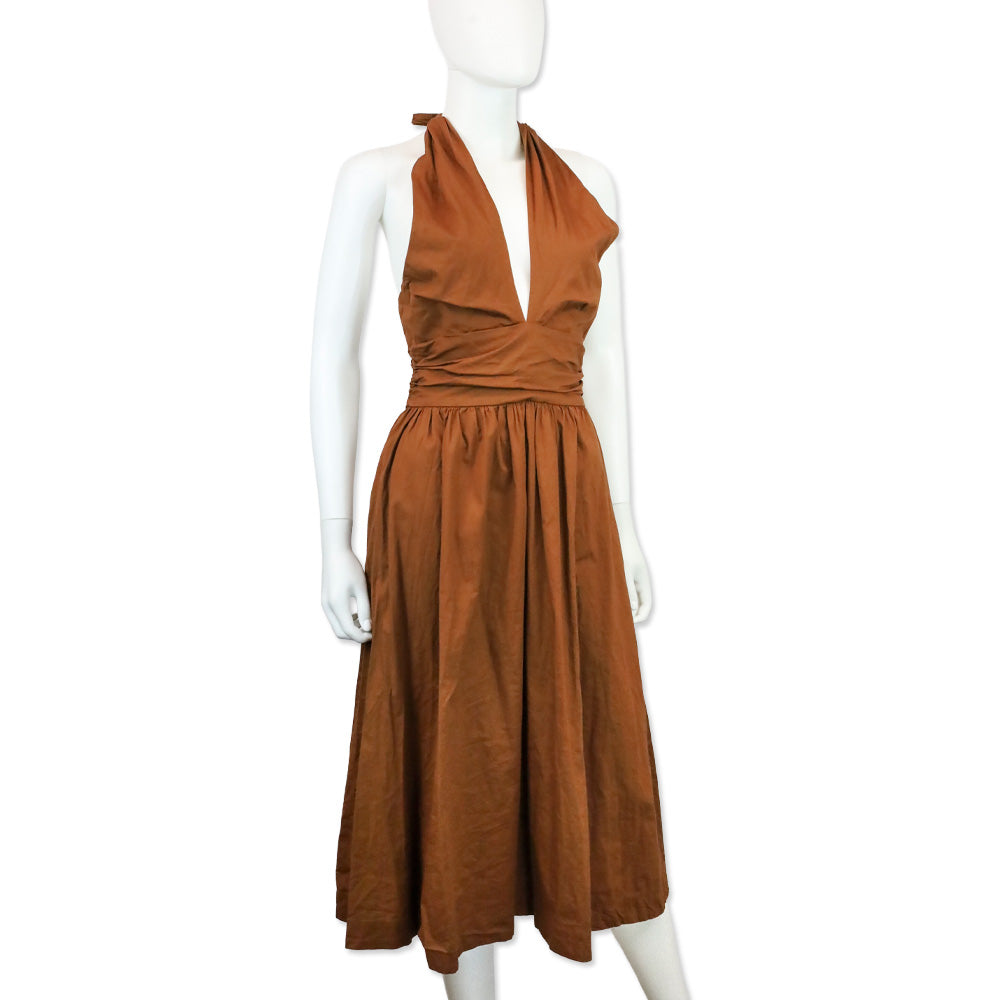 Staud Moana Brown Cotton-Poplin Halteneck Midi Dress