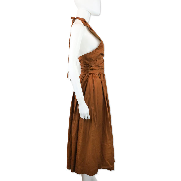 Staud Moana Brown Cotton-Poplin Halteneck Midi Dress