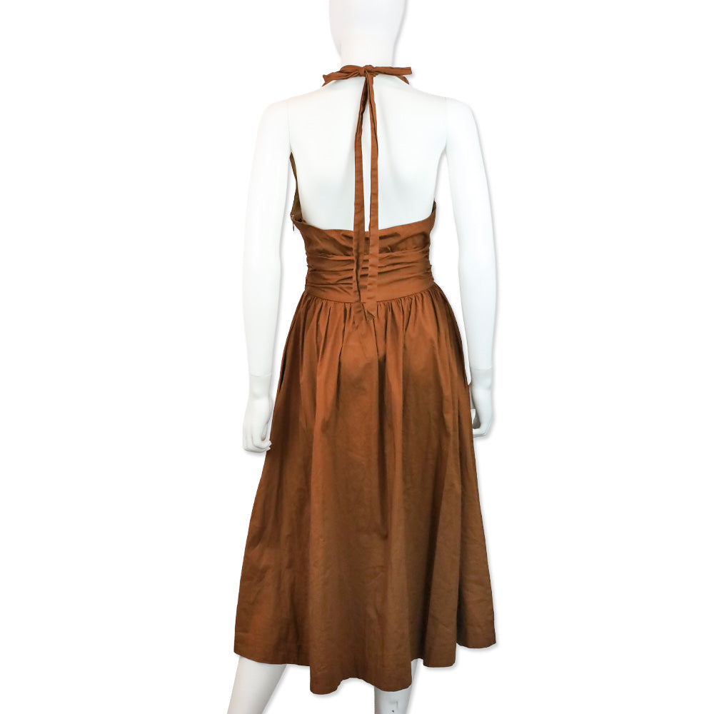 Staud Moana Brown Cotton-Poplin Halteneck Midi Dress