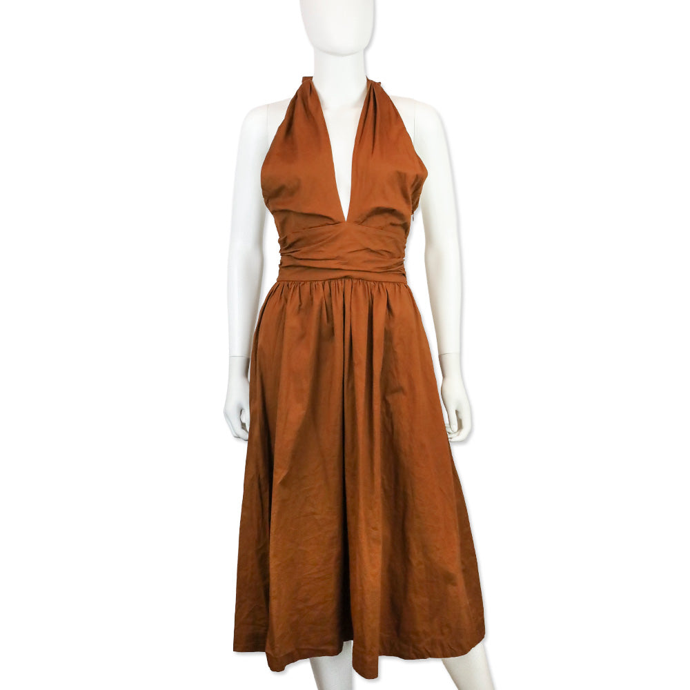 Staud Moana Brown Cotton-Poplin Halteneck Midi Dress