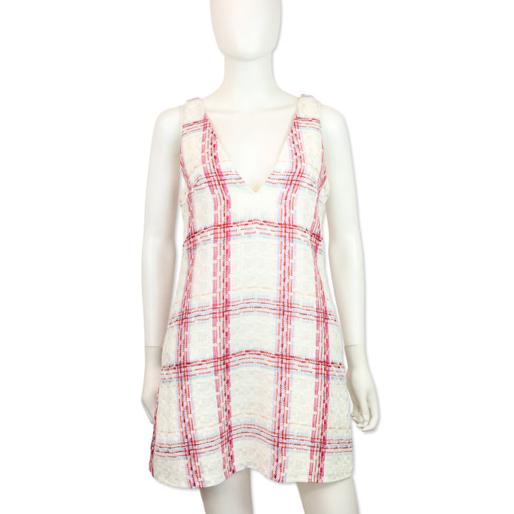 Staud White/Red Plaid Tea Towel Mini Zora Dress