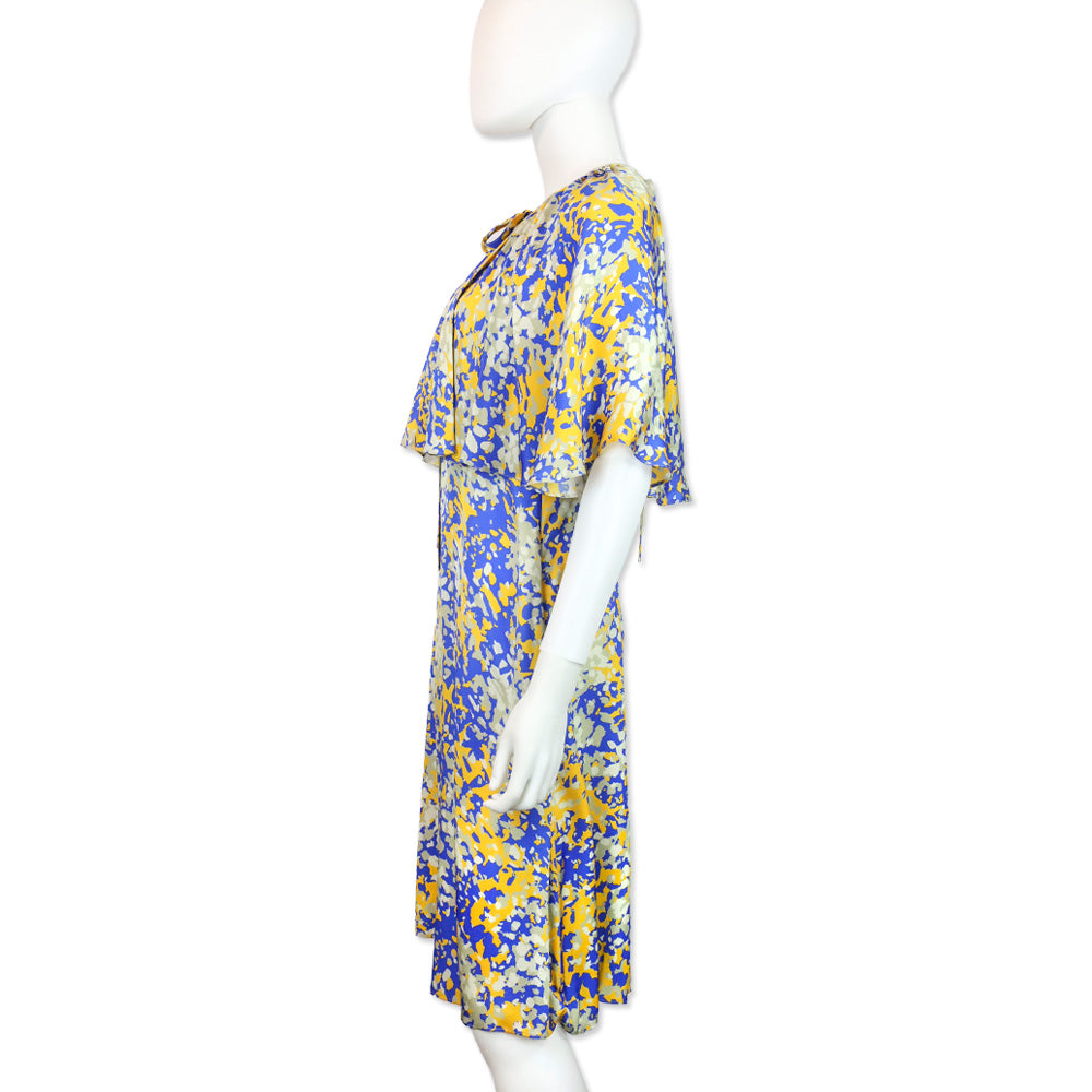 Stella McCartney Blue & Yellow Printed Satin Crepe Cape-Effect Midi Dress