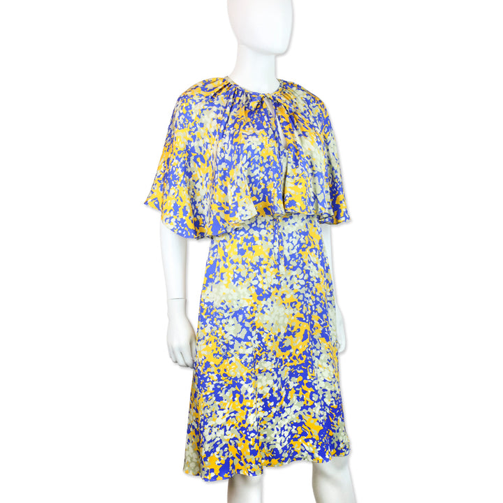 Stella McCartney Blue & Yellow Printed Satin Crepe Cape-Effect Midi Dress