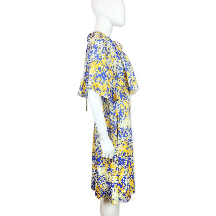 Stella McCartney Blue & Yellow Printed Satin Crepe Cape-Effect Midi Dress