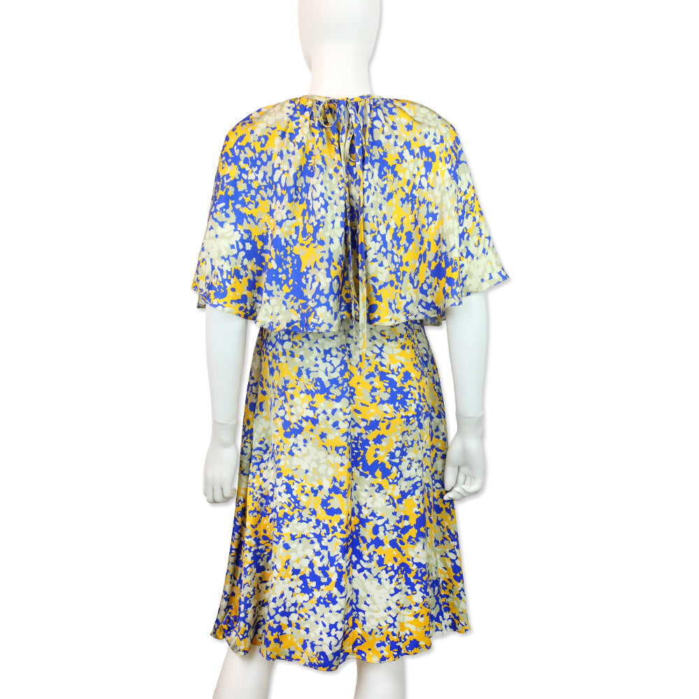 Stella McCartney Blue & Yellow Printed Satin Crepe Cape-Effect Midi Dress