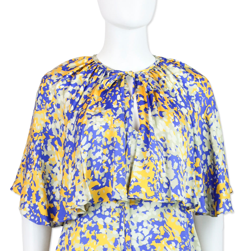Stella McCartney Blue & Yellow Printed Satin Crepe Cape-Effect Midi Dress