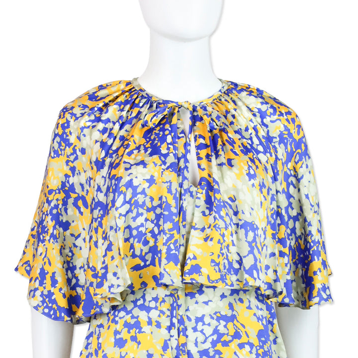 Stella McCartney Blue & Yellow Printed Satin Crepe Cape-Effect Midi Dress