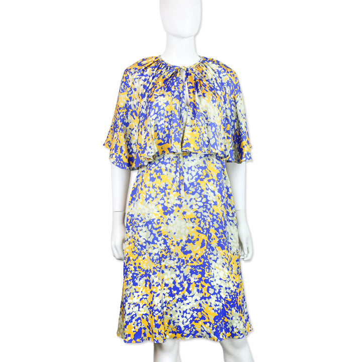 Stella McCartney Blue & Yellow Printed Satin Crepe Cape-Effect Midi Dress